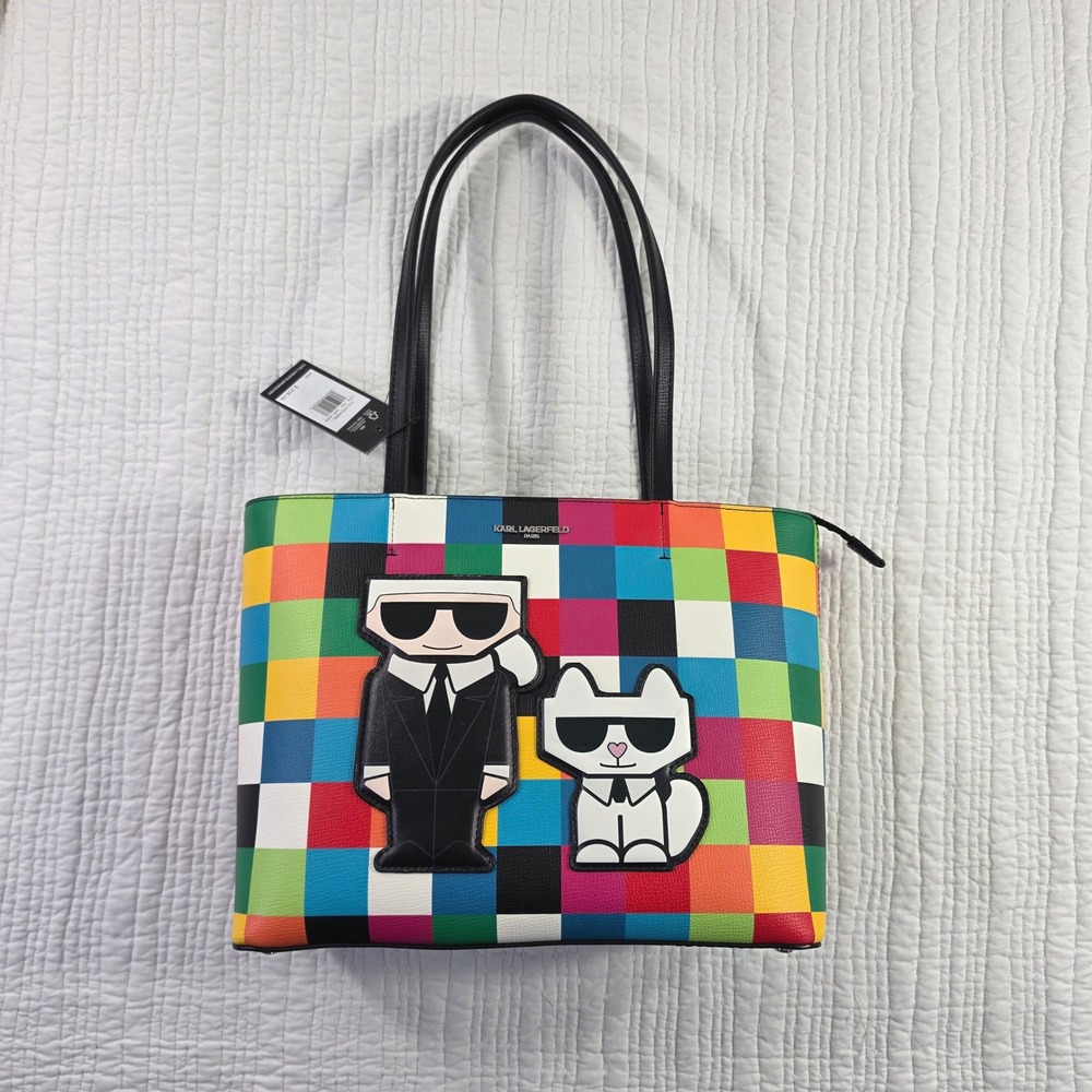 Karl Lagerfeld Paris Multi Color Checkerboard Tote Bag Karl Choupette LH2A46BM